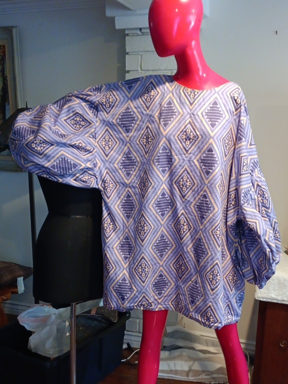 Women's Blue Geometric Print Balloon-Sleeve Top/Dress